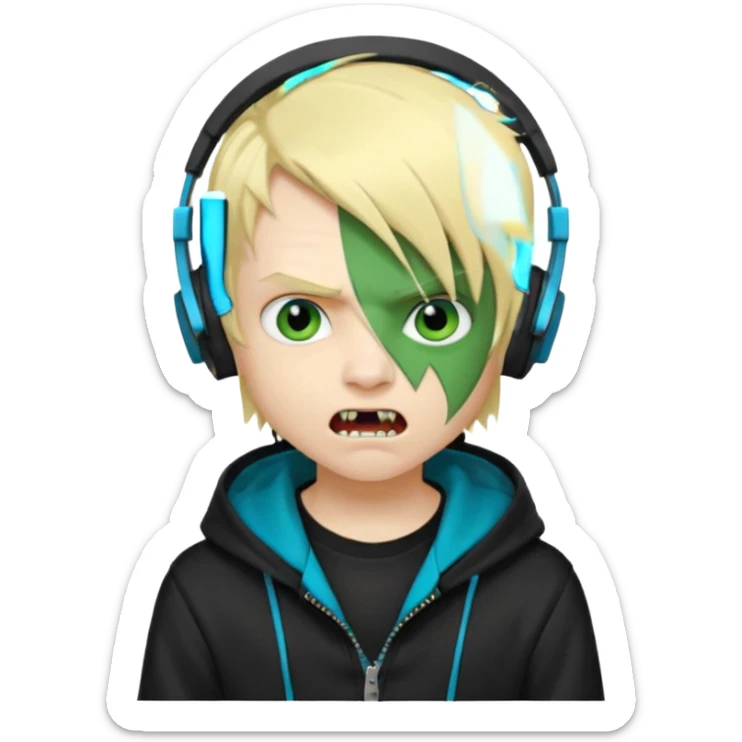 boy vampire whit blonde emo hair and eyes blue and GREEN SKIN and heandphones black AND A MICROFONE AND GOLD TEETH and agesive face and the hoodie black  sticker