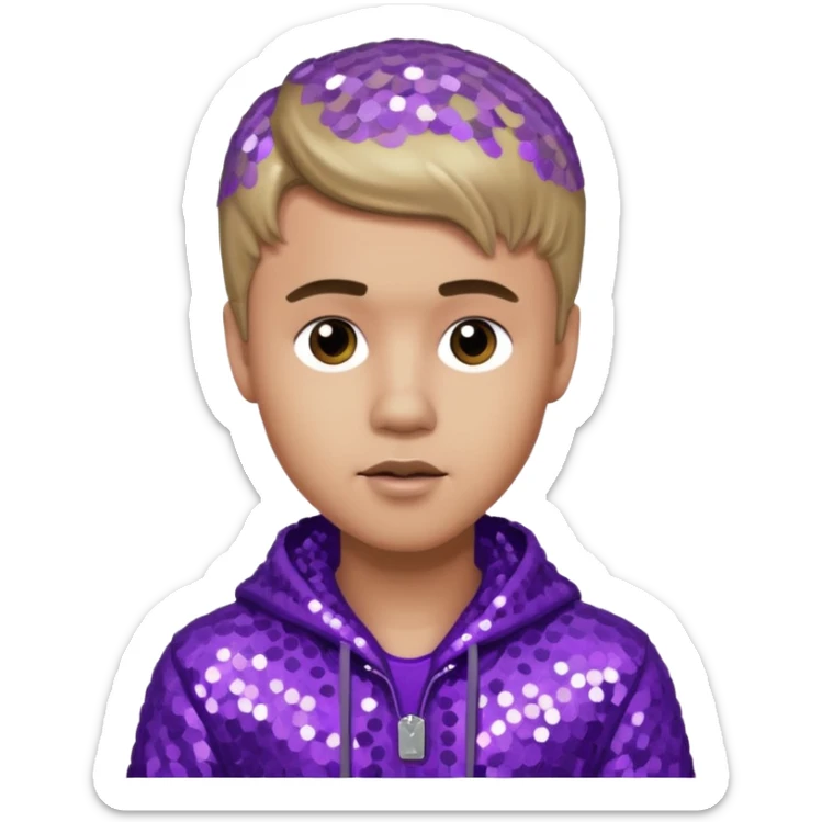 Justin Bieber with light skin, dark blonde hair, purple sequin outfit sticker