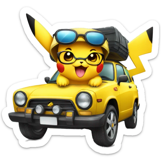 Pikachu avec des lunettes de soleil qui conduit une voiture  sticker