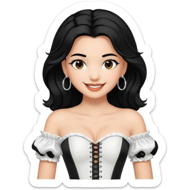 generate a pretty bratz emoji that looks like Kareena Kapoor's Geet character. 
Make her wear a puff sleeve off shoulder white top with a black corset over it. silver hoops, black hair open with middle part. smiling big

She should look like Kareena Kapoor sticker