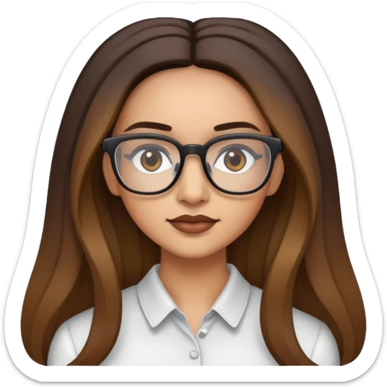 Light skinned Woman with dark roots brown  balayaged long hair and quadratic thin glasses sticker