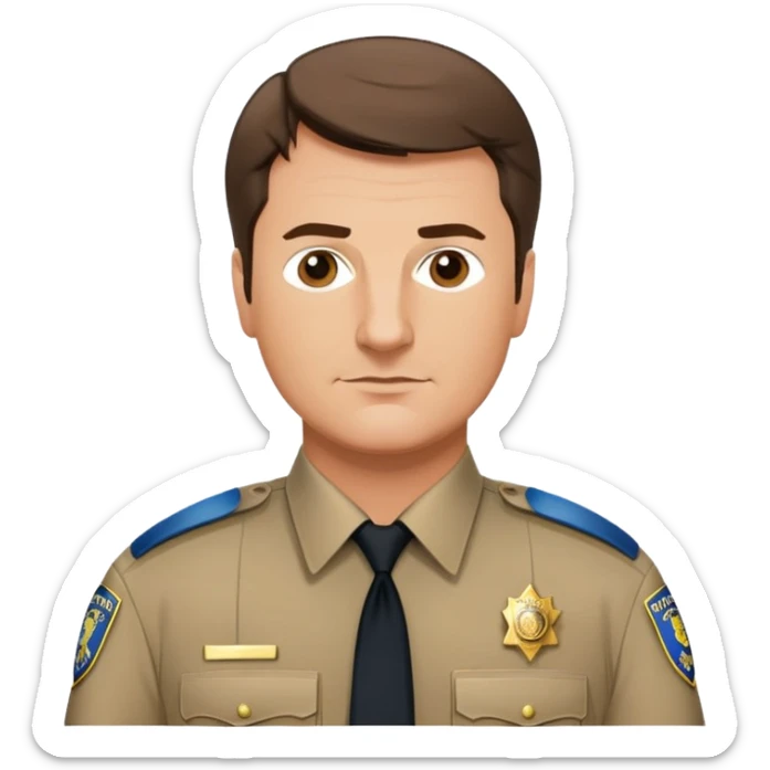 Nathan Fillion as John Nolan from The Rookie, police officer with short hair and uniform sticker