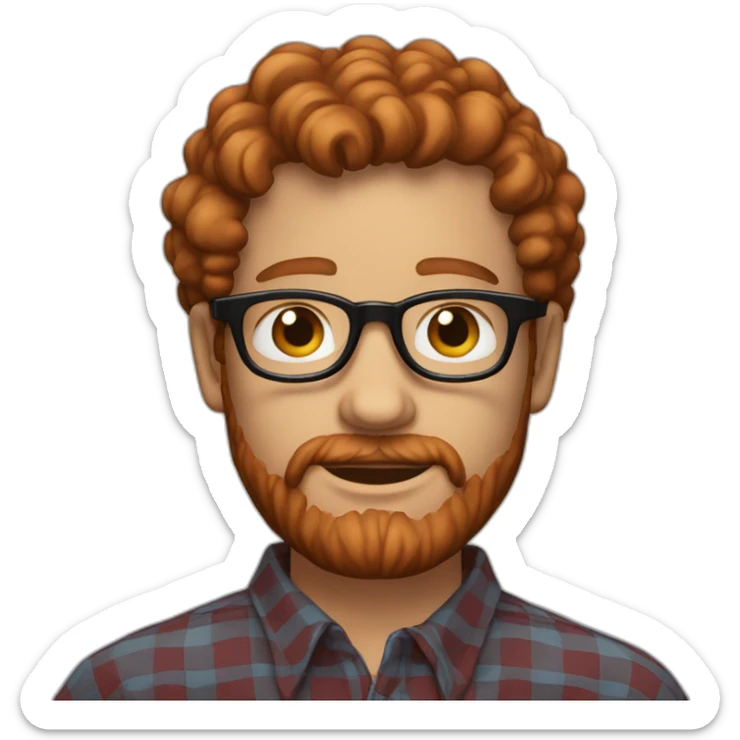 man,25 years,eyes blue,redhead,short curly hair,beard, round glasses, red and black checked shirt sticker