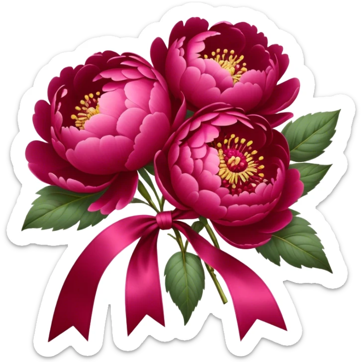 peonies in Persian red color tied with silk aesthetic ribbon of powder raspberry color in glamour vintage theme sticker