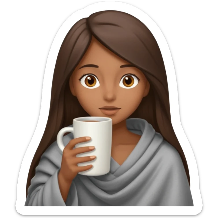 A girl with brown eyes, an ios emoji, long straight hair, wrapped in a gray blanket, and drinking from a New Year's mug sticker