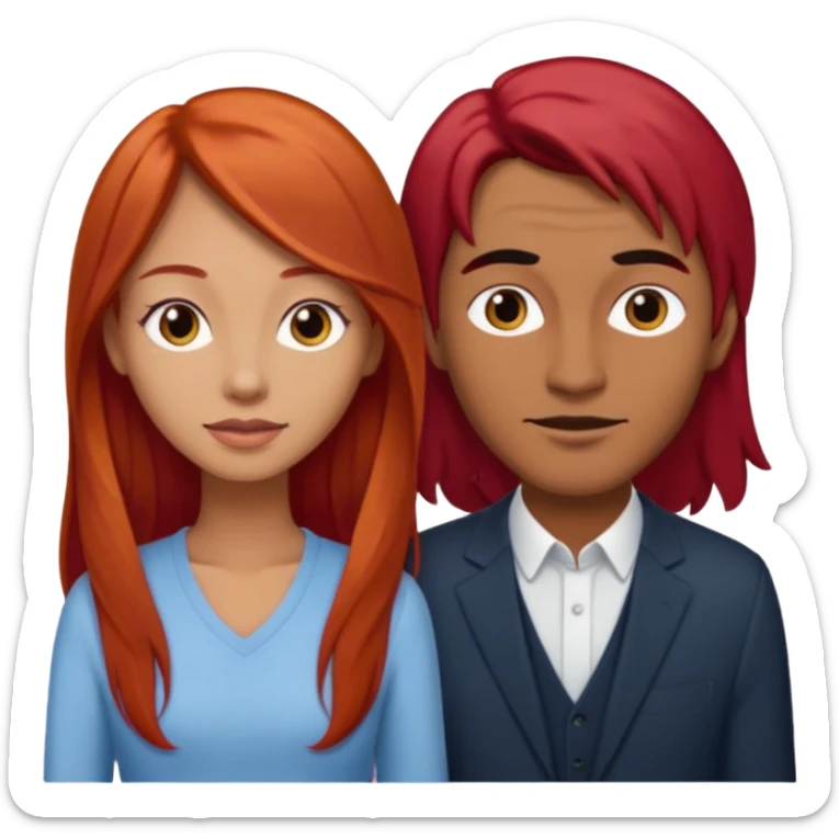 Mujer flaca con cabello largo color rojo color de piel media, hombre de color medio moreno con cabello color negro, flaco sticker