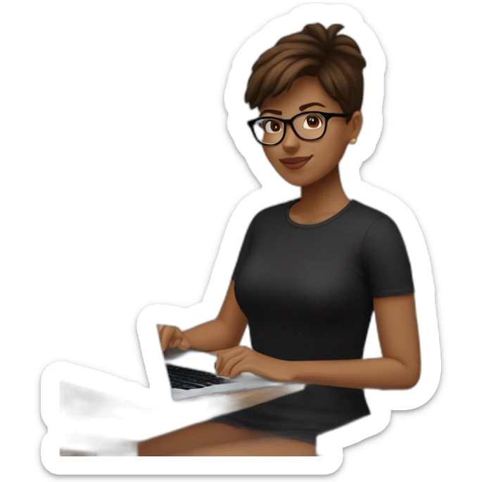 Young woman with short brown hair, slightly tanned, wearing a black tshirt and transparent oval glasses, wearing an Apple Watch and working on a MacBook Pro sticker