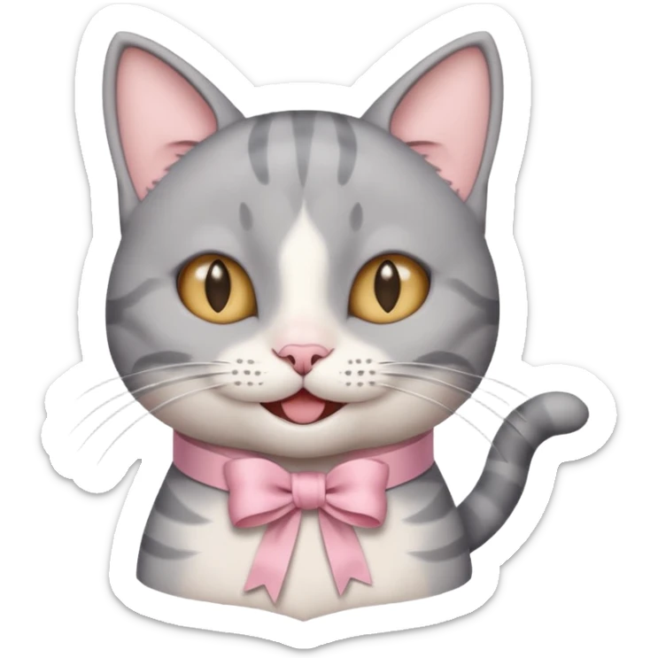 Head of a grey cat, smiling, with a loose ribbon on top of its head sticker