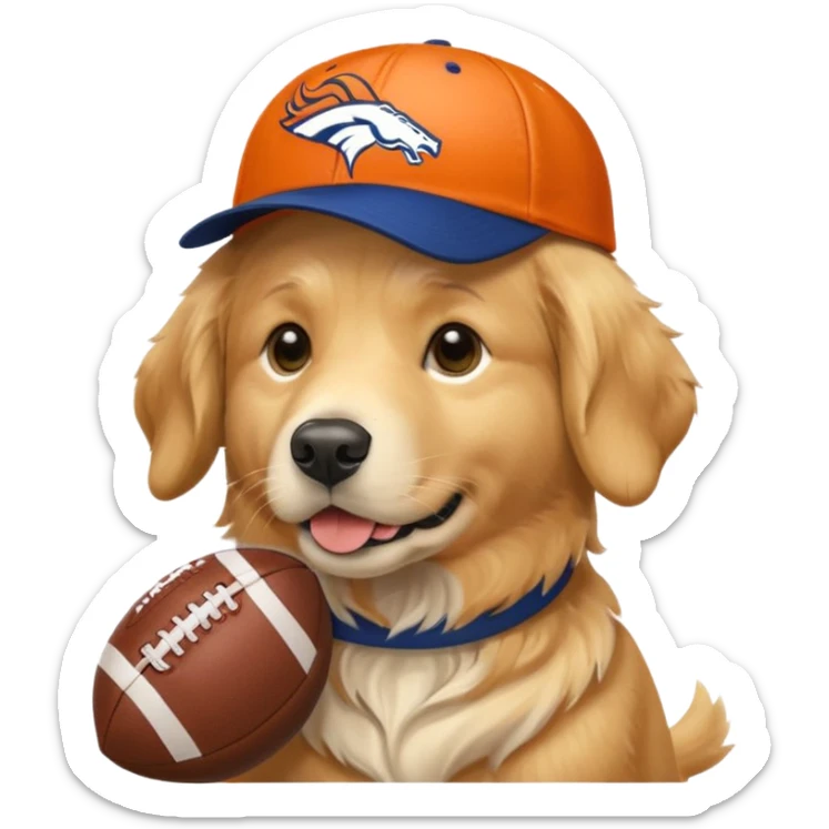 Dog wearing a Broncos hat it’s a golden retriever. The dog is holding a football. sticker