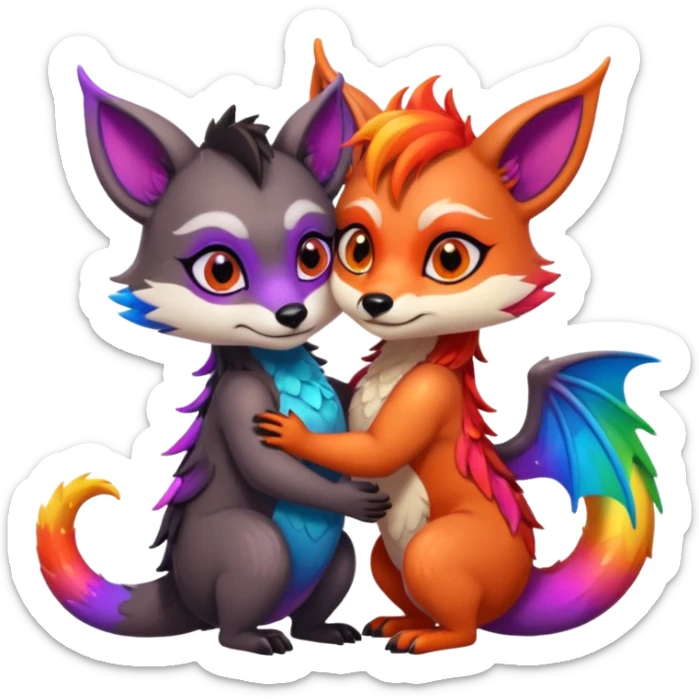 black female raccoon dragon hybrid with rainbow colored wings and purple eyes hugging a red female fox dragon hybrid with rainbow colored wings and orange eyes sticker
