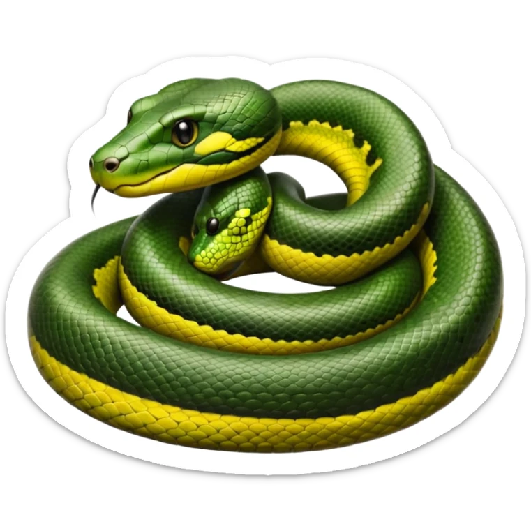A photo-realistic top-down view of a Green Anaconda tightly coiled in a spiral, with its broad, flat head resting at the center. Its thick, muscular body is olive-green and covered in symmetrical, bold black oval spots that stand out against its smooth scales, creating striking natural camouflage. sticker