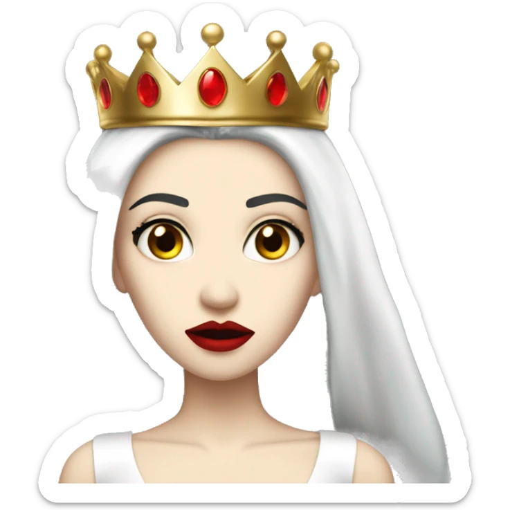 Queen with pale skin, long black hair, bright red lips, skinny gold crown, white dress, and evil stare.  sticker
