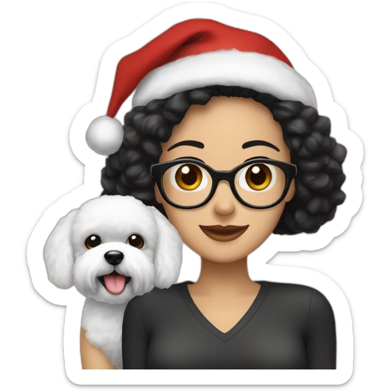 woman-black hair-christmas hat-with glasses-with bichon dog-white-smile sticker