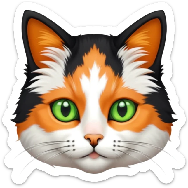 calico cat with black fur on his head, white fur around its mouth area, and a very tiny orange spot between its two green eyes sticker