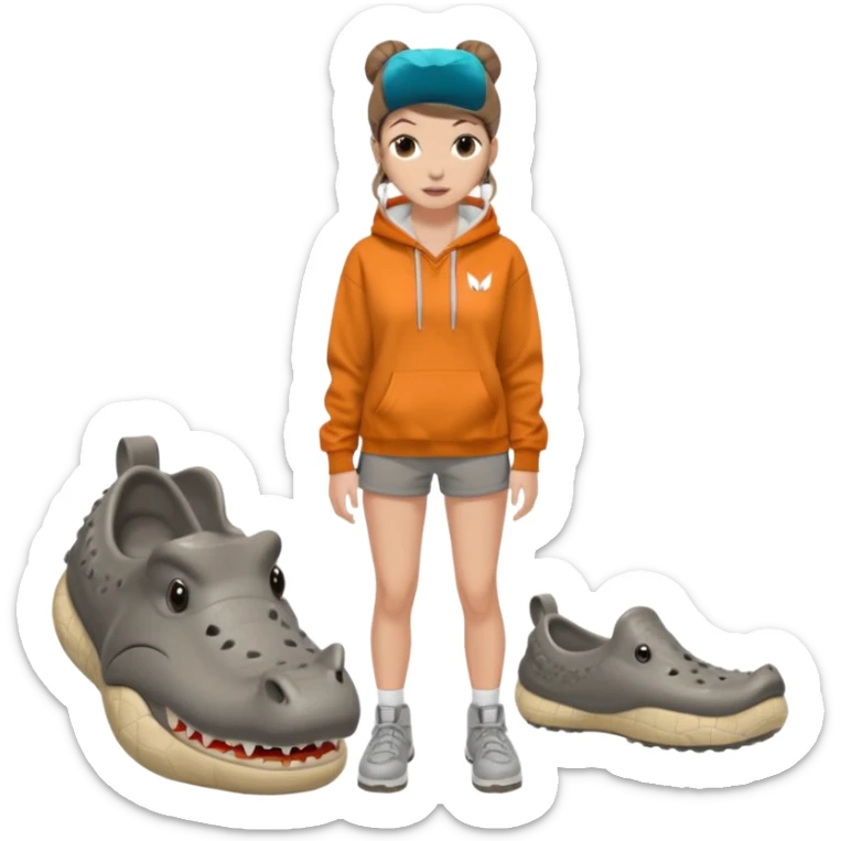 can you make a white girl with brown hair that is in a bun  and brown eyes and a normal white person nose and then she is wearing a grey hoodie mclaran formula 1 and wearing dirty white crocs with taylor swift gibits, 3 on each croc and she has 4 ear peiecings and hoop and stud and black shorts
 sticker