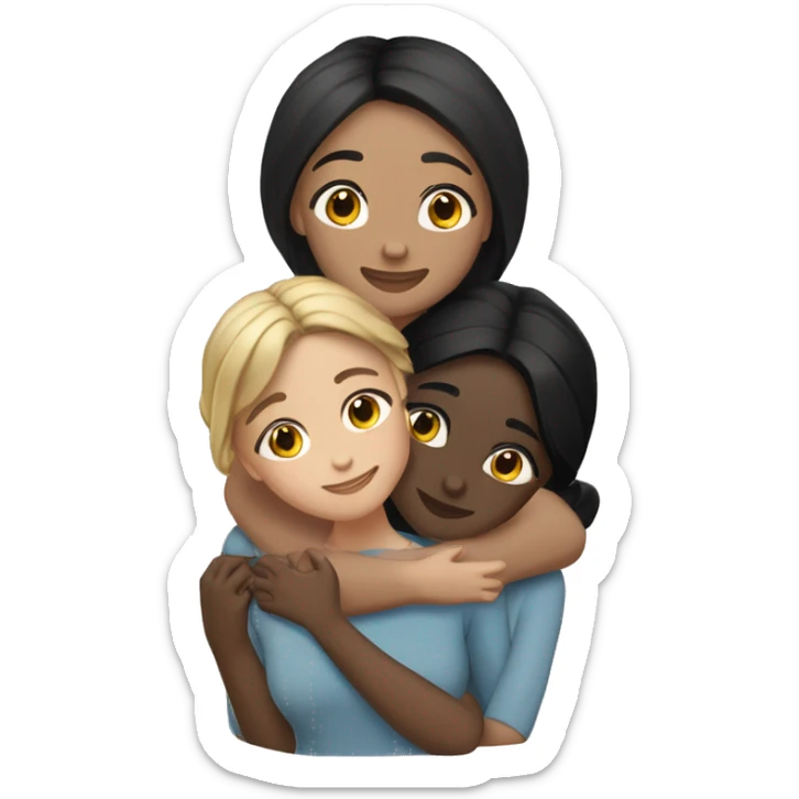 Three friends girl friends !  hugging each other warmly. One friend has fair skin and straight black hair, another has dark skin with black hair styled in a low bun, and the third has tan skin with wavy black hair.” sticker