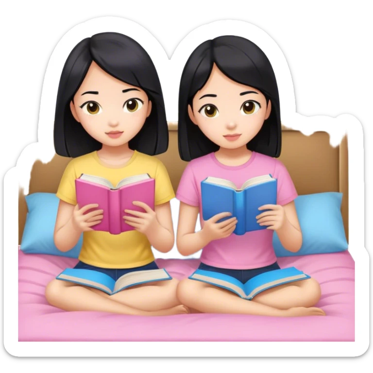 two asian girls black hair on the bed pink and yellow top reading blue books sticker