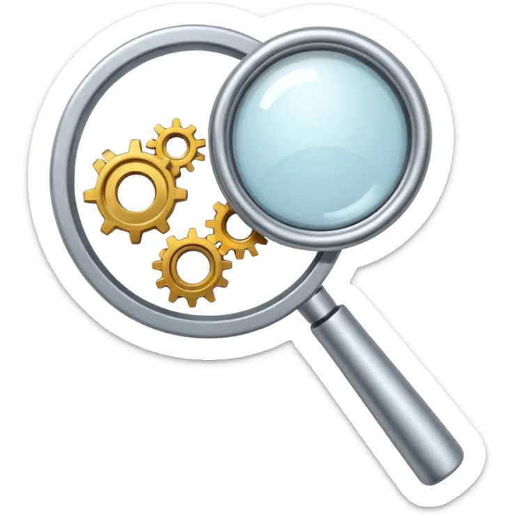 mechanical magnifying glass with gears and metal parts, bright and simple, emoji style, no text sticker