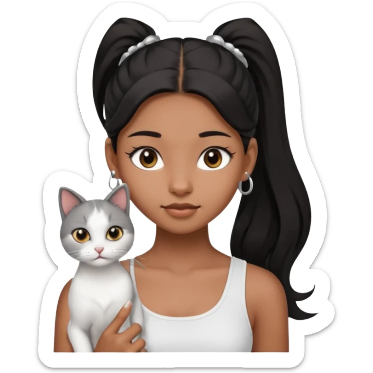 An brown skin Teenager girl with brown eyes, long black hair in one high ponytail, with a white crop top holding her grayish-white cat, and small silver earrings sticker