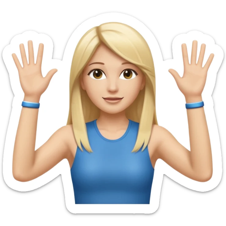 I want a white female dj animated gif emoji with long straight blonde hair putting hands up in the air. Wearing a tight no sleeve top  sticker