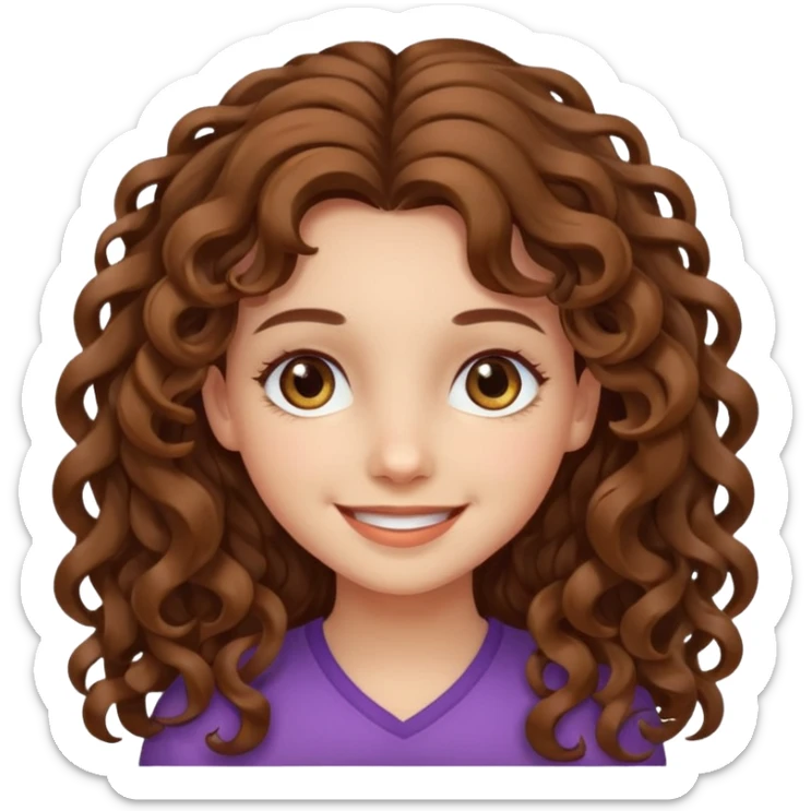 A girl with long curly brown hair, fair skin and beautiful hazel eyes, smiling.  sticker