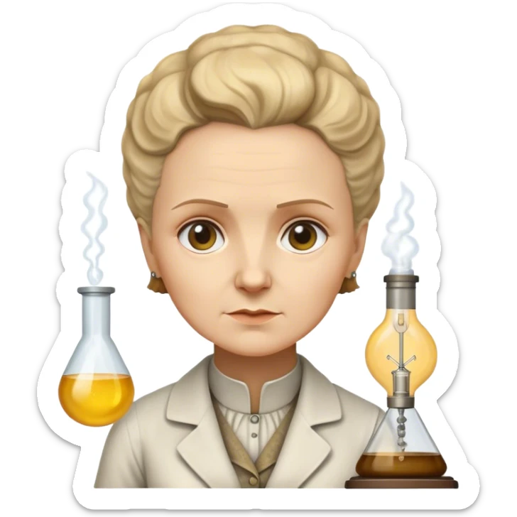 Cinematic Realistic Marie Curie Portrait Emoji, depicted as a pioneering scientist with a determined gaze in period attire, rendered with detailed textures and soft intellectual lighting that captures her groundbreaking legacy. sticker