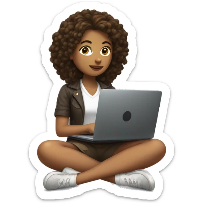 a young brunette and curly woman sitting cross-legged with her laptop on her lap sticker