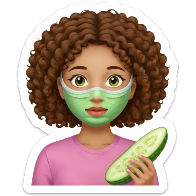 lightskin girl having a spa day with green skincare facemask and cucumbers on her eyes and brown curly hair and a pink shirt  sticker