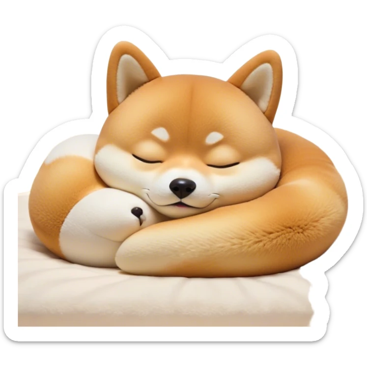 Cinematic cute Sleeping Shiba Inu Portrait Emoji, cute and serene, with a round, adorable build and a plush fur with a soft creamy underbelly, eyes gently closed in peaceful slumber, Simplified yet irresistibly endearing features, highly detailed, glowing with a gentle, dreamy glow, high shine, relaxed and content, stylized with a touch of whimsy, bright and heartwarming, soft glowing outline, capturing the essence of a blissfully sleepy companion, so comically serene it feels like it could roll out of the screen and snore with adorable charm! sticker