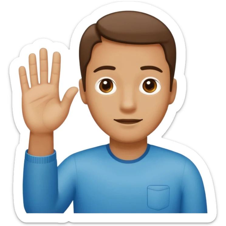 Man holding hands to the side, above left hand floats the number 6, above right hand floats the number 7 sticker