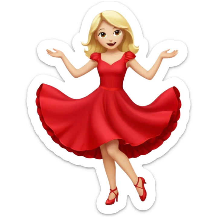 a yellow-blonde woman dancing wearing a red dress, in flat emoji / Apple style, smooth shapes, glossy highlights, bright saturated colors, simple features, minimal details, no outlines, red clothes flowing, joyful pose
 sticker