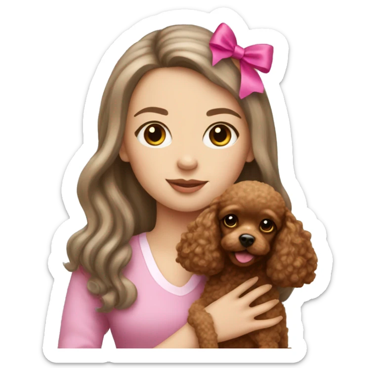 White girl with long brown hair holding a toy poodle with pink bow sticker