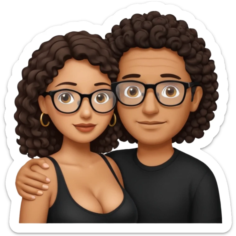 A picture of an embracing tanned couple. the man is a Mexican man with tanned skin, does not have glasses, with a bald hair cut, and wearing a black shirt. the woman is mixed, glasses,  with long curly dark brown hair and with big boobs sticker