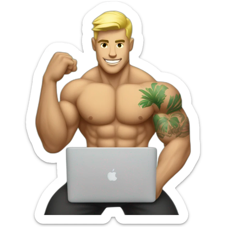 blonde, shorthair bodybuilder with hawaiin tattoos on his arms and macbook in his hand sticker