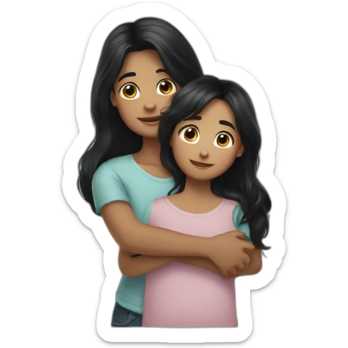 realistic hug of long black hair girl and young boy sticker
