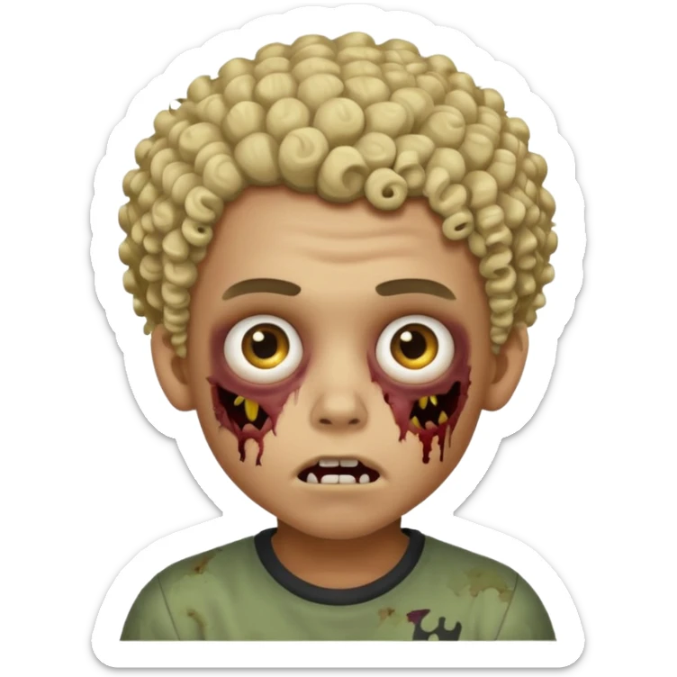 boy zombie with curly mixed lightskin hair, not straight or white boy hair, creepy expression, iPhone emoji style sticker