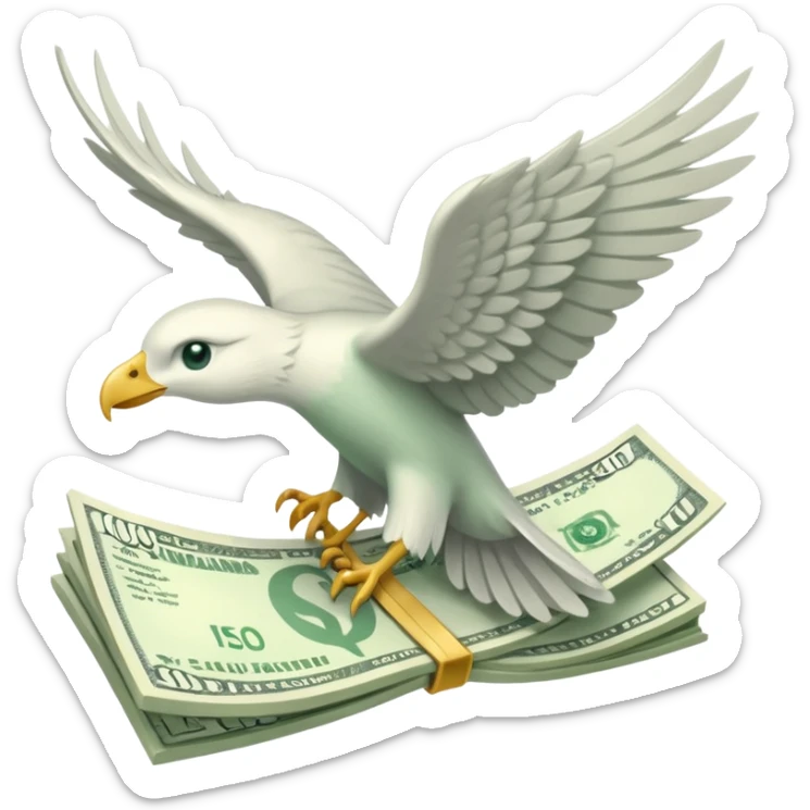 un fajo de dólares con alas volando, "que no sea un ave agarrando el fajo" quiero que el fajo de billetes tenga alas sticker