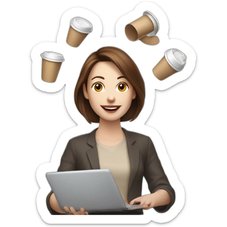 woman juggler with brown hair and pale skin juggling coffee cups and mini laptops sticker