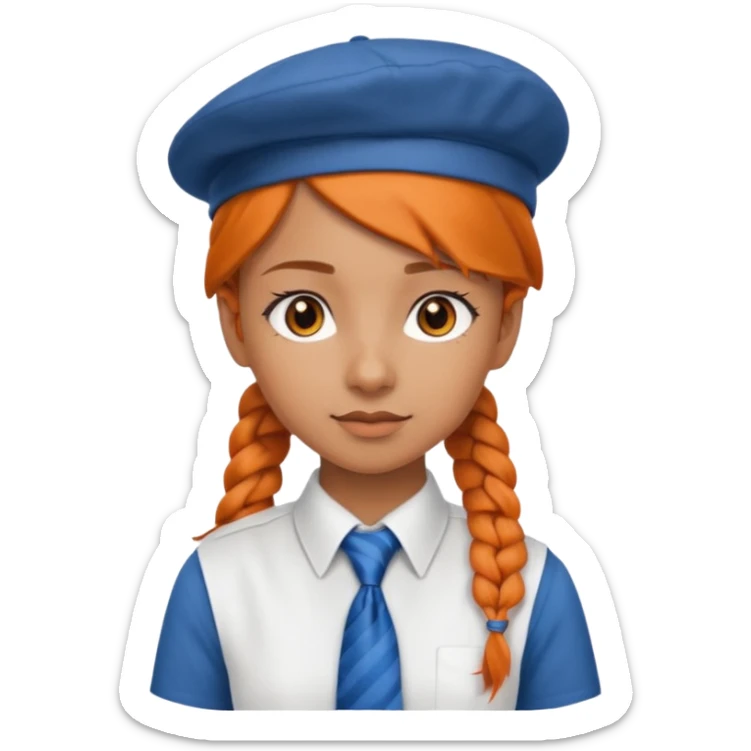 orange braided hair girl, wearing white shir, a brown berret Hat, Blue Necktie sticker