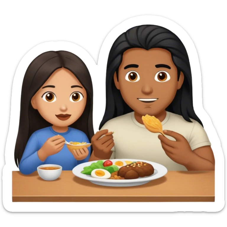 Brown Latino man with long black hair eating with brown hair Filipina sticker