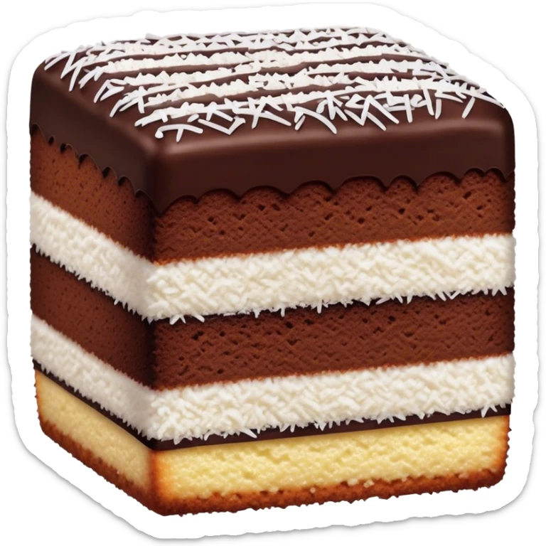 Lamington Cinematic Realistic Lamington Dessert Emoji, depicted as a sponge cake square coated in chocolate and dusted with coconut on all sides, rendered with lifelike textures and vibrant, tropical lighting. sticker