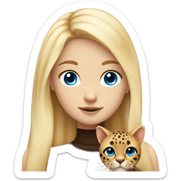 A girl with bright blonde hair blue eyes holding a brown cat with dark brown leopard spots sticker