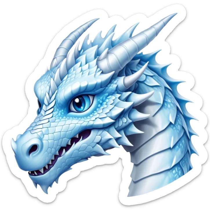Cinematic Noble Beautiful Ice Dragon Portrait Emoji, Poised and majestic, with an ethereal, crystalline body adorned in intricately detailed scales of frosty blues and silvery whites reminiscent of glacial ice and delicate snowflakes, and piercing, cool eyes reflecting winter’s clarity; rendered with lifelike texture and subtle natural highlights, high shine, elegant and formidable, styled with an aura of chilling mythic beauty, focused and serene, soft glowing outline, capturing the essence of a legendary ice sovereign ready to glide gracefully out of the screen with timeless frosty allure! sticker