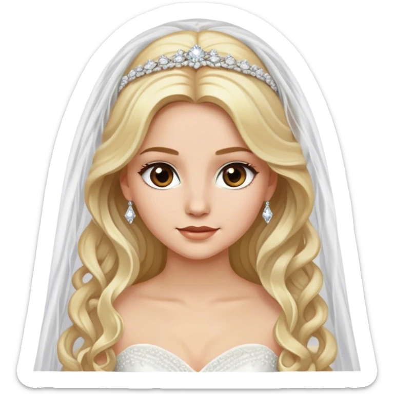 pretty blonde with brown eyes, long wavy hair, white tulle wedding gown, wedding veil, and diamond jewelry, highly-detailed sticker
