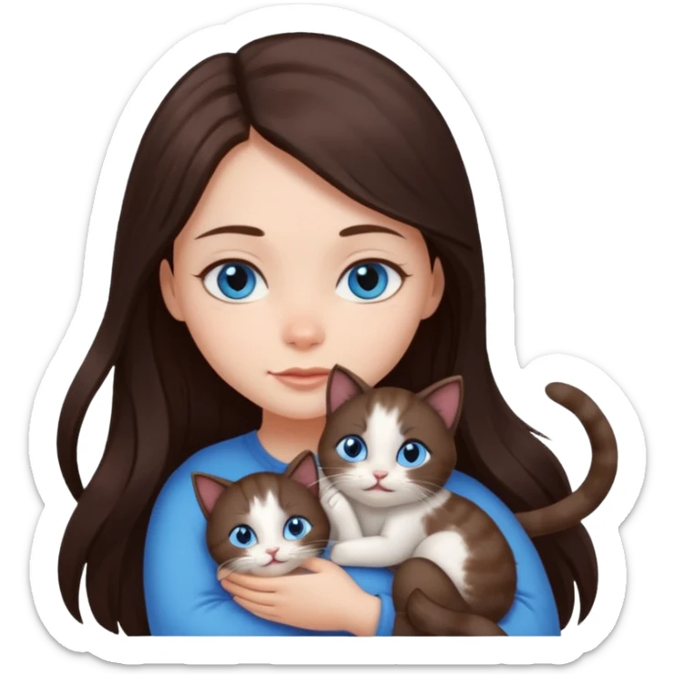 a girl with long dark 
brown hair, with blue eyes, hugs 3 different natural coloured small cats sticker
