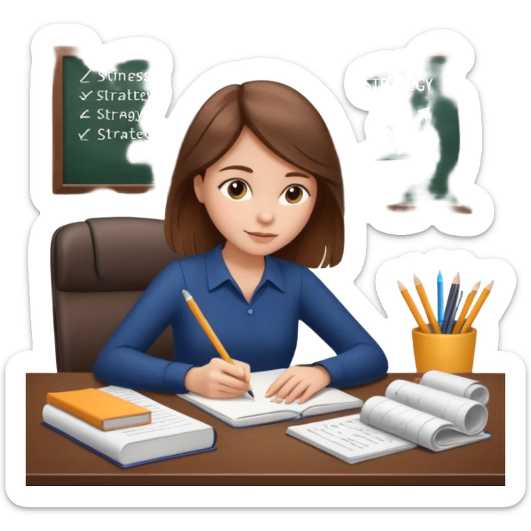 a girl with brown hair on a desk writing on a note book with a lot of papers around and on the papers is writing business strategy  sticker
