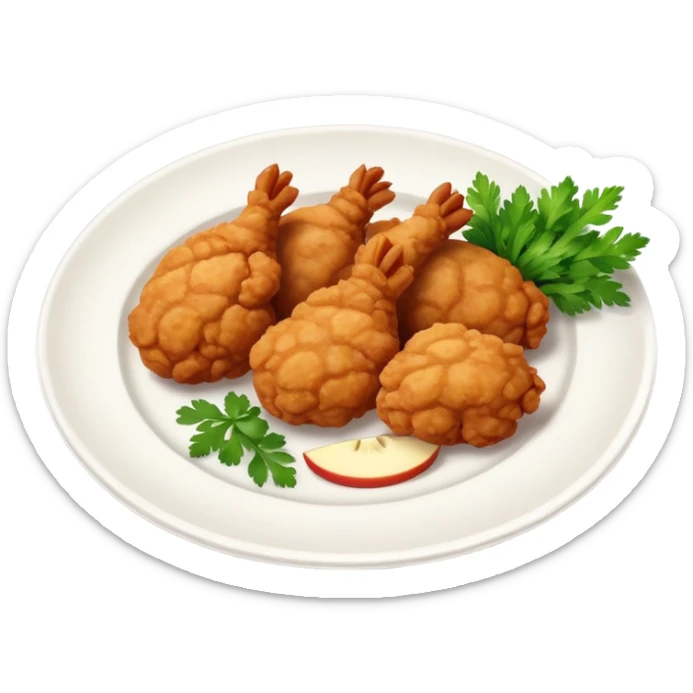 generate an emoji style of chicken karaage with a small parsley on top on a white plate, apple style emoji. sticker