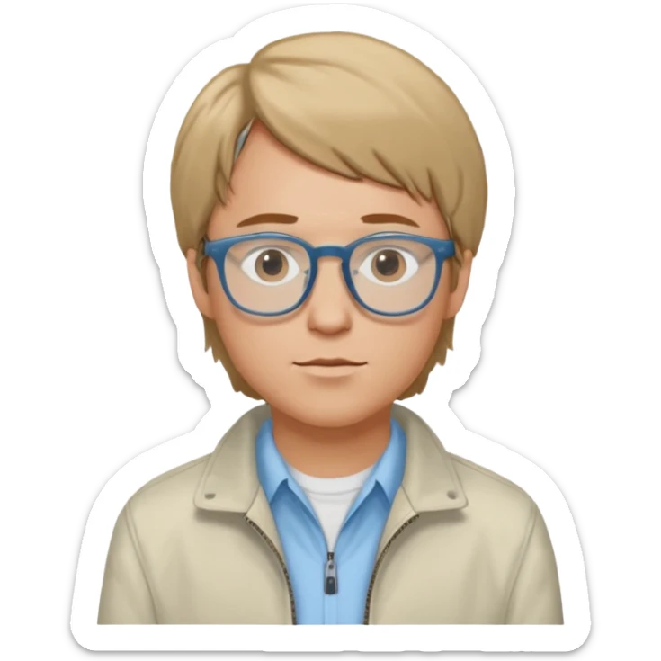 Brian Lackey from Mysterious Skin with brown eyes, dark blonde hair, light blue shirt, ivory jacket, glasses sticker