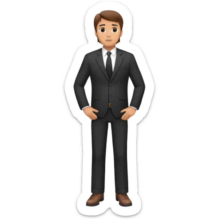 western Caucasian middle aged male, brown hair, standing wearing dark suit and shoes, with hands on hips sticker