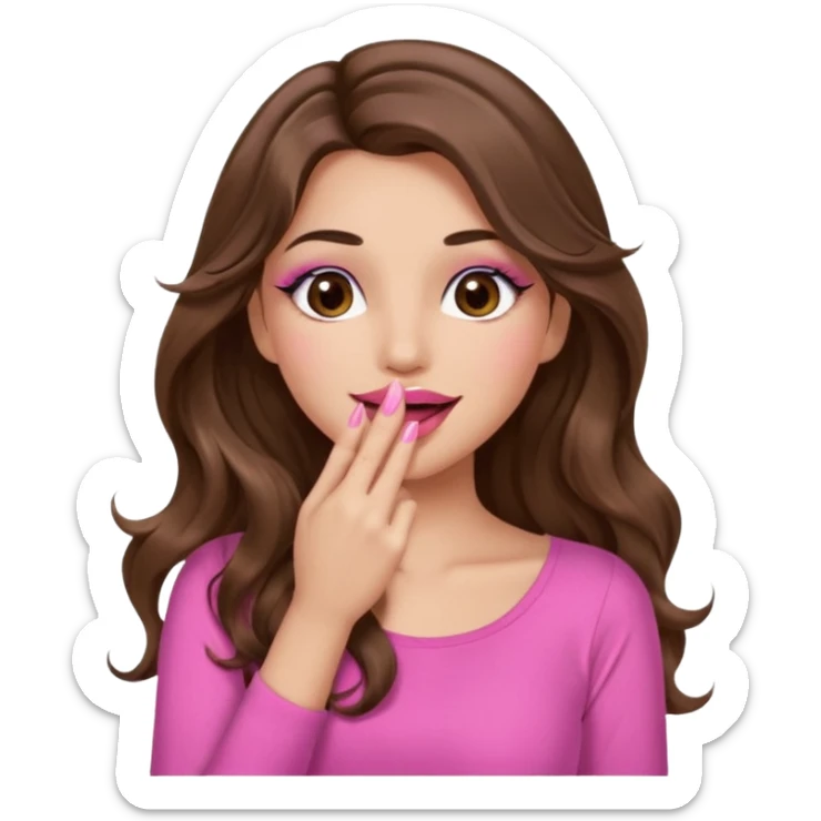 girl with long wavy brown hair, brown eyes, long lashes makeup, sexy pink lips, light to medium complexion, wearing a pink sexy top, sexy, giggling hand covering mouth sticker